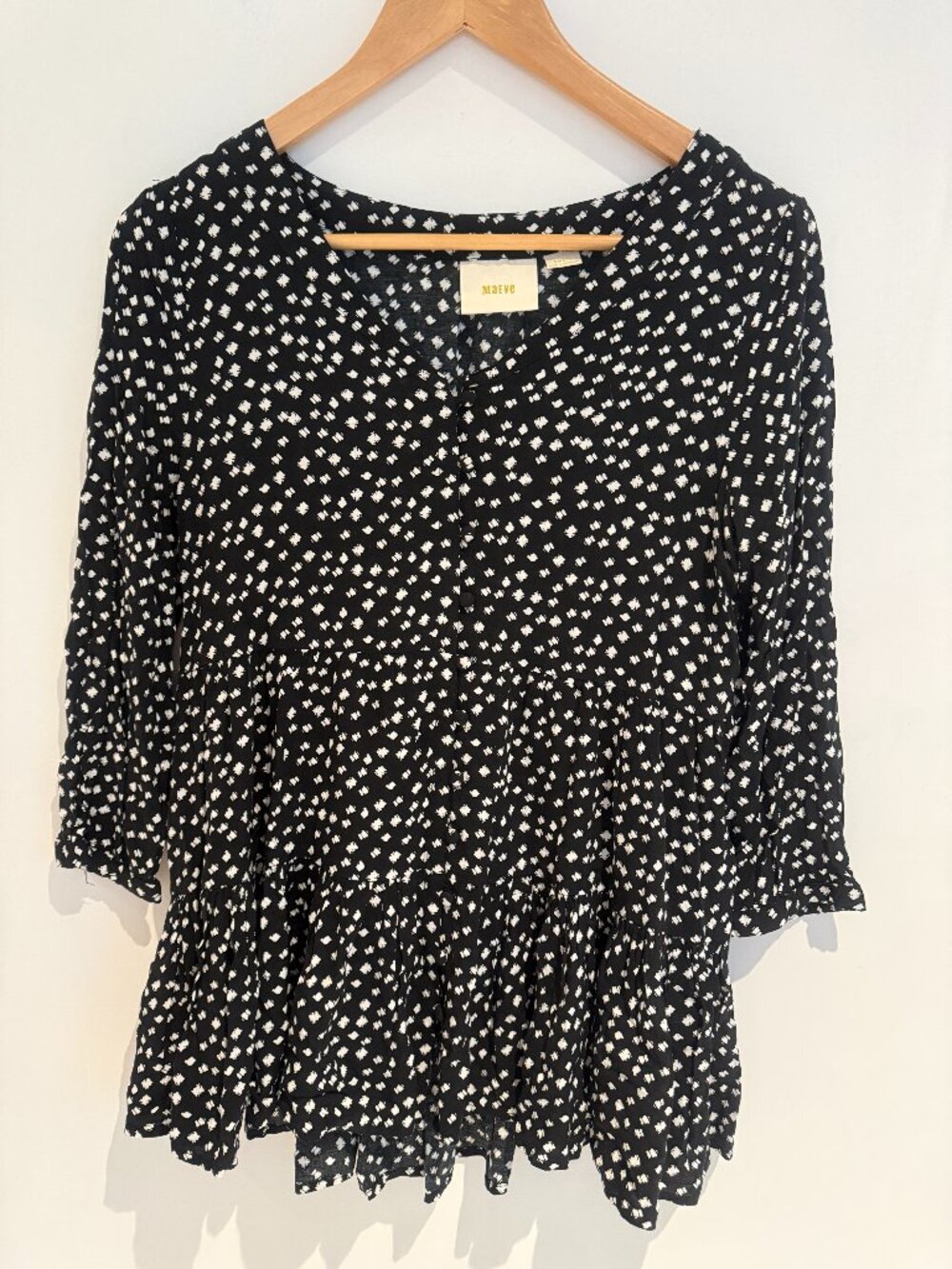 Maeve Women Black/White Button Down 3/4 Sleeves Tunic Top Size Small